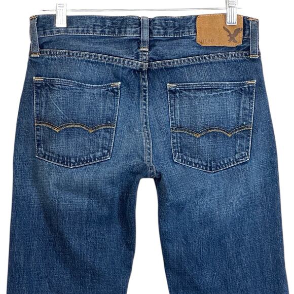 AEO Jeans Slim Straight Low Rise Men 30x29** Blue Fade Whiskers Stacks Casual - Picture 10 of 16